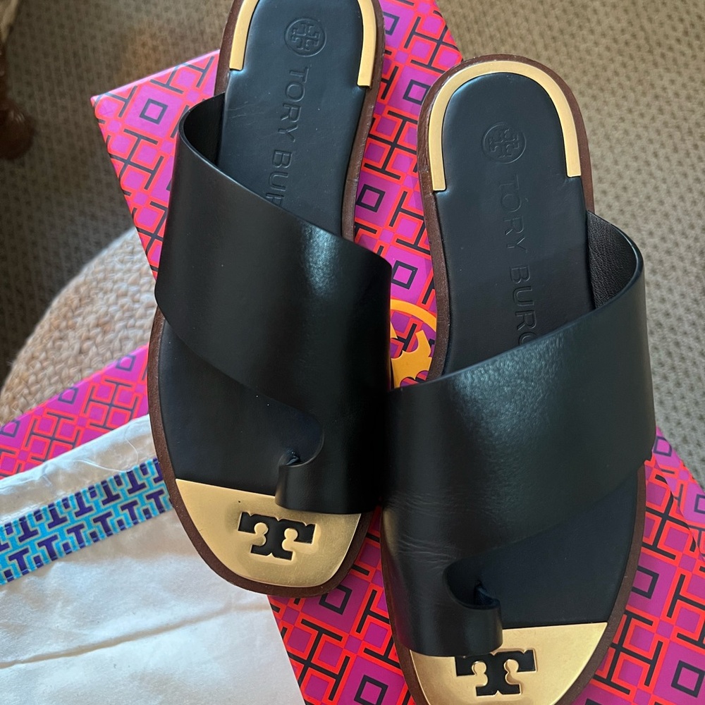 Tory Burch Selby Toe Ring Slide Black Sz 6 1/2